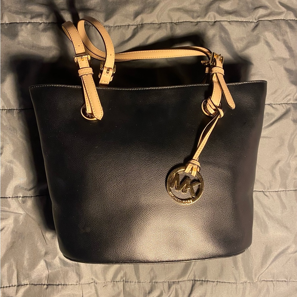 Michael Kors Black and Tan Tote Bag with Gold Charm